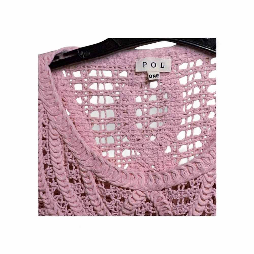 POL Crochet Squares Cropped Long Sleeve Top In Pink Sz OS Boho Knit NWOT - Picture 6 of 11